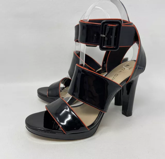 Via Spiga Black Patent Leather Red Trim Heels with Ankle Strap and Buckle, Sz 6M