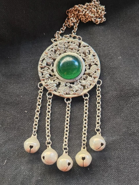 Elegant Vintage Tibetan Silver Copper Handmade Inlaid Green Jade Necklace sd4