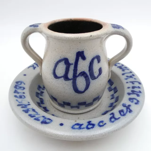 Rowe Pottery Childs Bowl Cup Mug ABC Alphabet Numbers Salt Glazed Dish 1989 VTG
