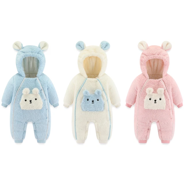 Baby Boys Girls Plush Velvet Warm Bodysuit Infant Cartoon Hoodie Style Romper