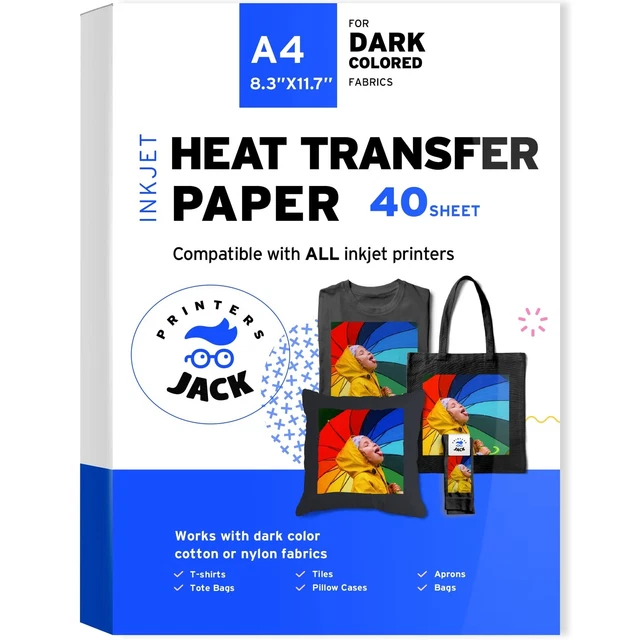 Printers Jack Iron-On Heat Transfer Paper for Dark Fabric 40 Pack 8.3x11.7" T...