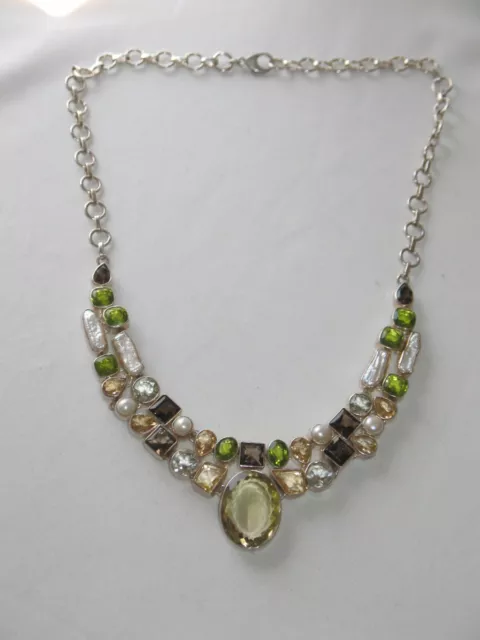 MODERNIST EDELSTEIN CITRIN PERIDOT etc. SILBER KETTE COLLIER HANDARBEIT 57 gr.