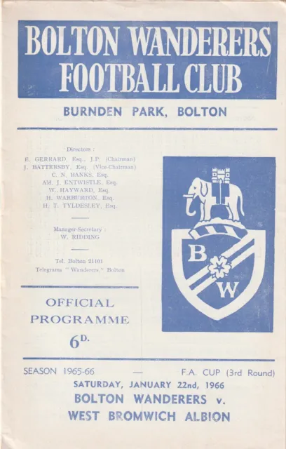 Bolton Wanderers v West Bromwich Albion / WBA, 22 January 1966, FA Cup 3rd Round