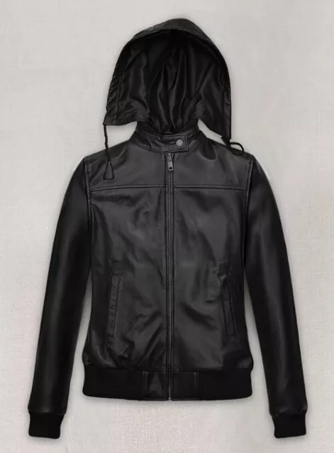 Symphony Capuche Amovible Blouson Veste Cuir Style Noir Véritable Napa Agneau