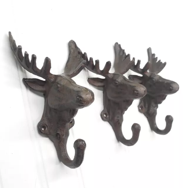 3 Rustic Brown Cast Iron Moose Hooks Coat Hooks Wall Hooks