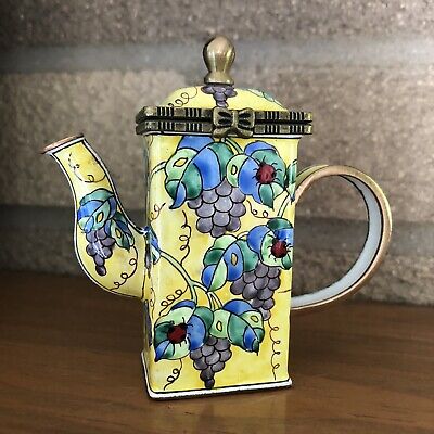 2005 Mini Teapot Brass Enamel Grapes & Ladybugs by Kelvin Chen #259 Trinket Box