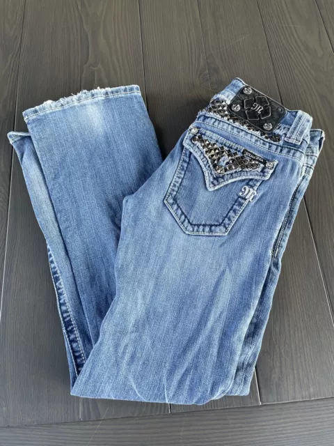 Miss Me Jeans Bootcut Low Rise Womens 28x30 Light Blue Stretch Embellished Denim