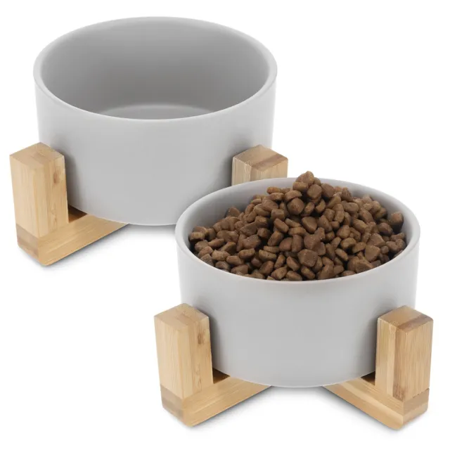 Set de 2 Comederos de cerámica para gatos y perros con soportes de madera