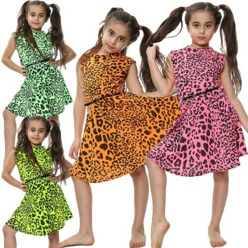 Bambini Ragazze Skater Abito Neon Colore Leopardato Festa Dance Estate 5-13