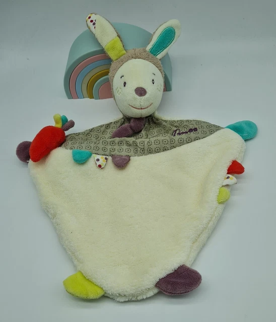 10 - Doudou Peluche Lapin Plat Tinoo Sauthon Carotte Gris Violet Bleu Beige Neuf