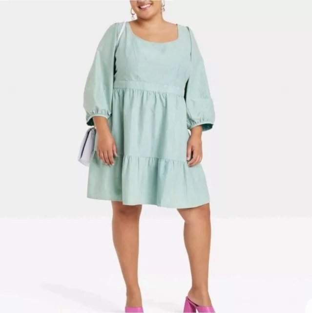 NEW Ava & Viv Boho Dress Teal Tiered Balloon 3/4 Sleeve Cotton Womens Size 4X