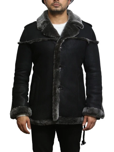 Men's Real Shearling Sheepskin Leather Spanish Merino Coat Vintage Black Jacket Men's Real Shearling Sheepskin Leather Spanish Merino Coat Vintage Black Jacket
