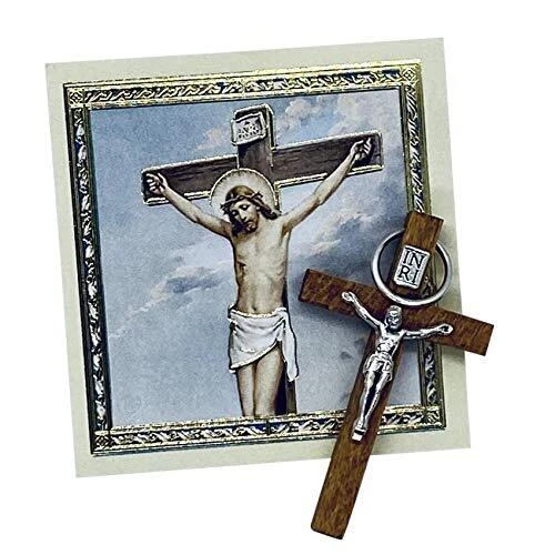 Amazing Saints Wooden Crucifixion Pocket Cross with Gold Stamped Holy Card
