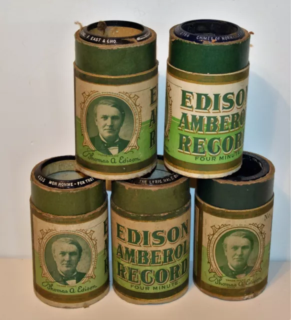 5 Antique Edison Amberol Moulded Cylinder Records w boxes 4360,4335,2766,3943