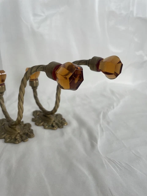 Pair 2 Antique Victorian Ornate Amber Glass Brass Hook Coat Hanger Wall Hardware 6