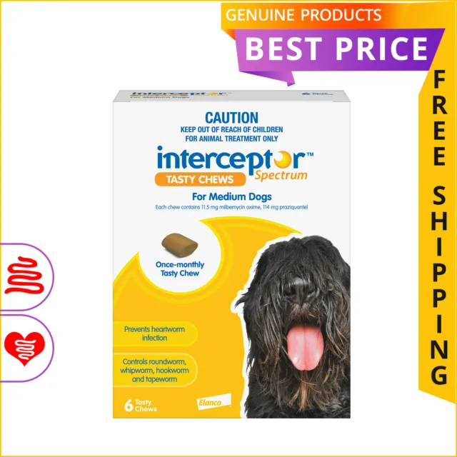 INTERCEPTOR Spectrum Heartworm Prevention 6 Doses for Dogs 11 to 22 Kg YELLOW
