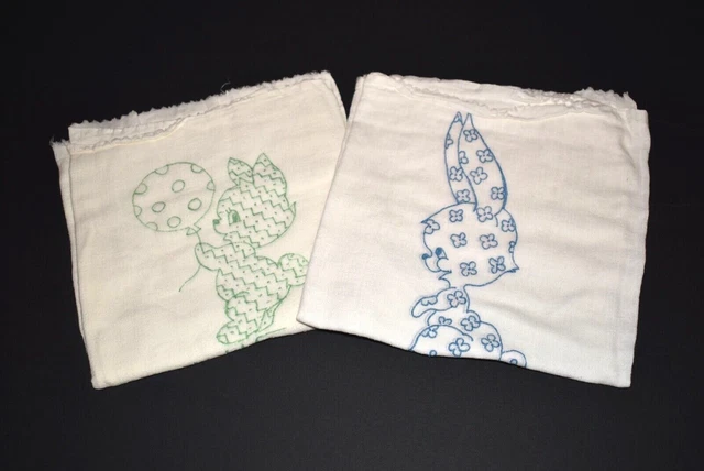 Birdseye Weave Cloth Diapers Vintage 2 Flatfold 18 x 36 Bunny Rabbit Bear