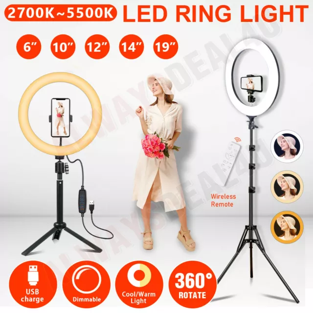 10" 12" 14" 19'' LED Ring Light Lamp Stand Kit Photo Selfie Phone Live Makeup