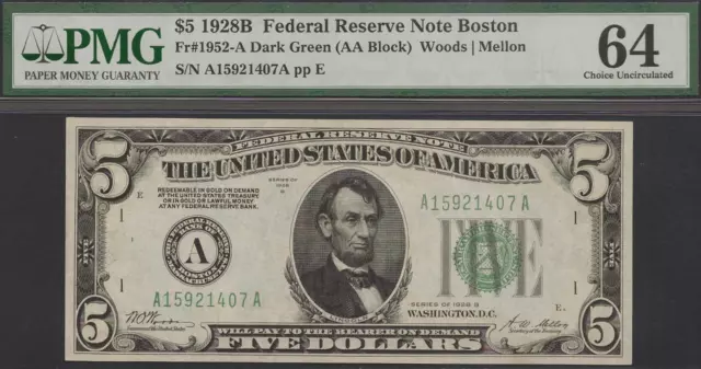 1928B $5 Boston Federal Reserve Note - Fr.1952A - PMG Choice Uncirculated 64