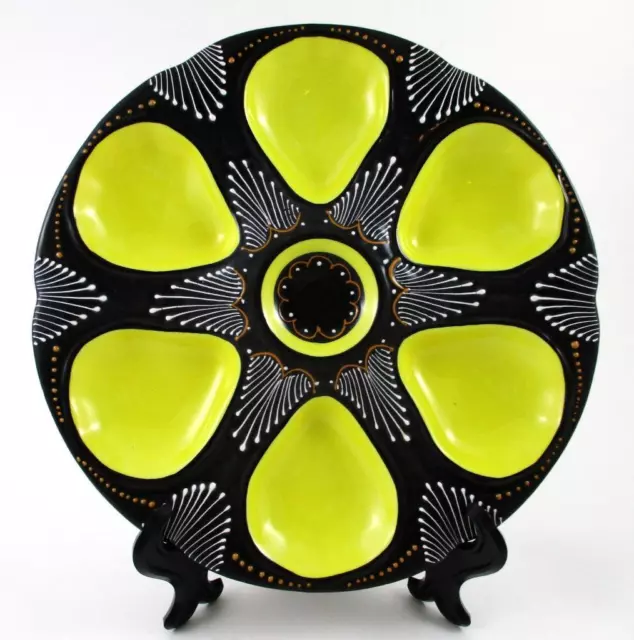 Vintage HB QUIMPER 6 well OYSTER PLATE - Black & Yellow Raised Enamel - FRANCE
