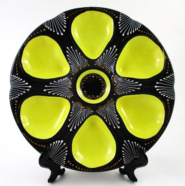 Vintage HB QUIMPER 6 well OYSTER PLATE - Black & Yellow Raised Enamel - FRANCE