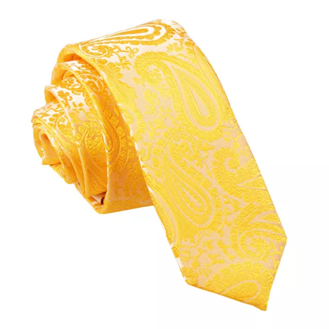 Gold Skinny Tie Woven Floral Paisley Mens Formal Wedding Necktie by DQT