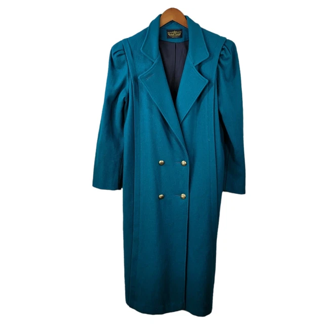 Vintage Long Coat size 6/8 Wool Trench Coat Winter duster Teal Double Breasted