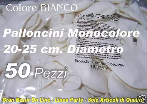 PALLONCINI BIANCO 50 Pz 19-20 cm diam 7" PARTY FESTA ANIMAZIONE ALLESTIMENTO