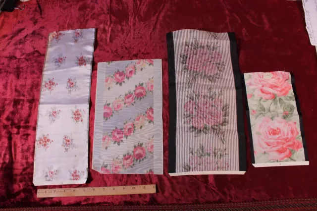 Lot Of 4 Antique French Rose Silk Ribbon Samples c1900~Frame