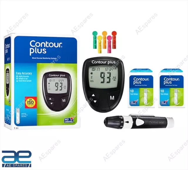 Contour Plus Glucosa en la Sangre Diabético Prueba Sistema Monitor + Tiras