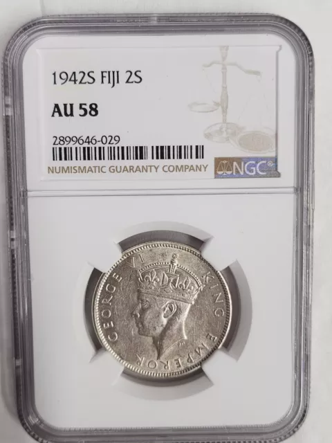 1942 S Fiji 2 shillings or Florin Silver coin NGC Rated AU 58