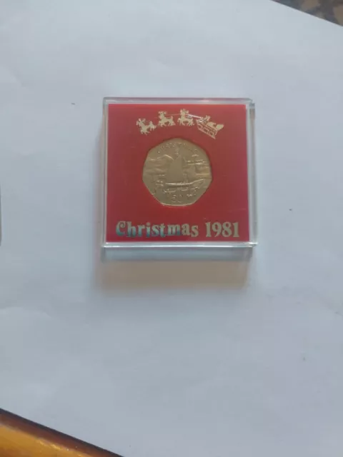 1981 AB Isle of Man Manx Fishing Boat Christmas Fifty Pence 50p UNC in CAPSULE