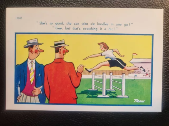 Comic Postcard C1950 Women Athlete Athletics Hurdles Stretching It Smoking TROW