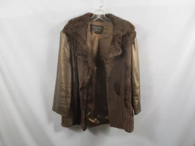 Henig Furs Womens Coat Large Brown Bronze Leather Long Sleeve Hook Button Collar
