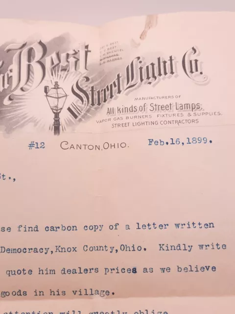 1899 Letterhead The Best Street Light Company Canton Ohio Letter Ephemera Paper