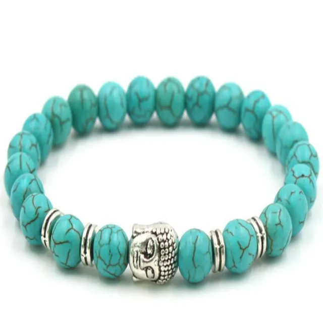 8MM Turquoise Silver Buddha Mala Bracelet Gemstone 7.5 inches Bless Pray Energy