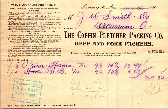 The Coffin-Fletcher Packing Co Indianapolis IN 1902 Billhead Beef & Pork Packers