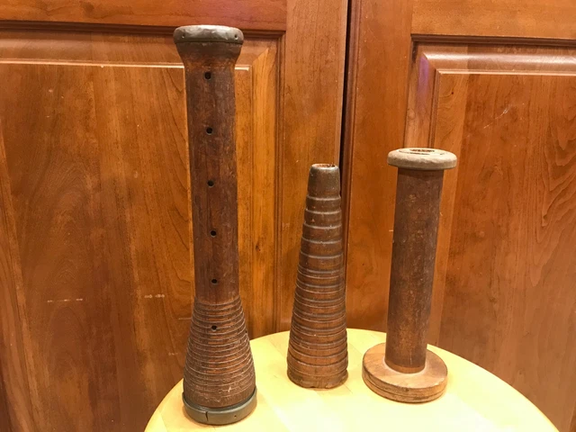3 Antique Wooden Spools Metal Ends Holes 12.5"  Cone Ribbed 8" & Flat Ends 9"