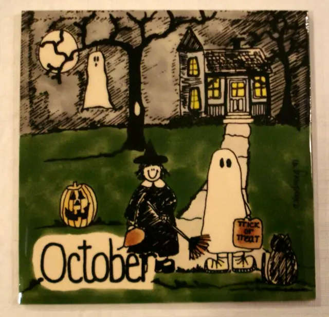 H & R Johnson England Ceramic Tile 6" x 6" OCTOBER HALLOWEEN N. Vogelzang 1991