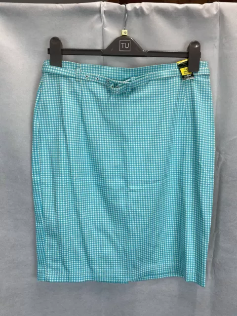 Vintage St Michael Turqoise Blue Gingham Skirt with Belt Size 16 BNWT Stretch