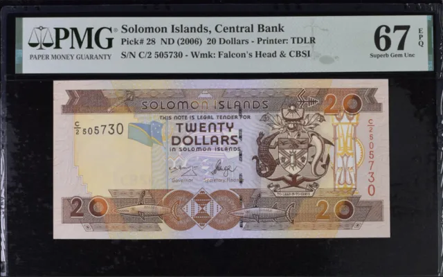 Solomon Islands 20 Dollars ND 2006 P 28 (1) C/2 Prefix Superb Gem UNC PMG 67 EPQ