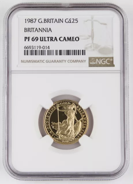 Great Britain UK 1987 BRITANNIA 1/4 Oz Gold £25 Pound Proof Coin NGC PF69 UC