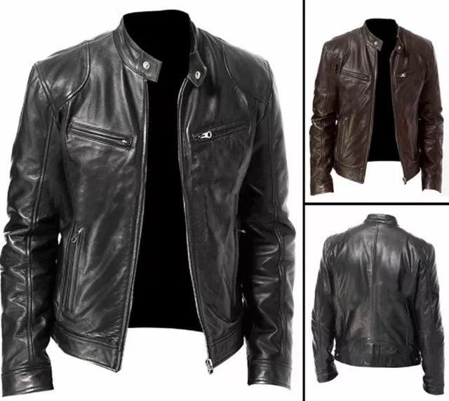 Mens Vintage Cafe Racer Black Brown Genuine Leather Slim Fit Real Biker Jacket