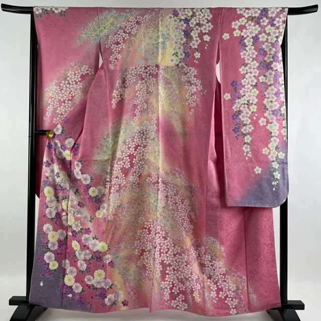 Woman Japanese Kimono Furisode Silk CherryBlossom Leaf Embroidery YUMI KATSURA