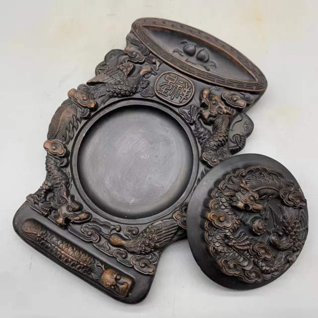 9″ Chinese scholar guru Calligraphy tools carved dragon phoenix statue ink stone