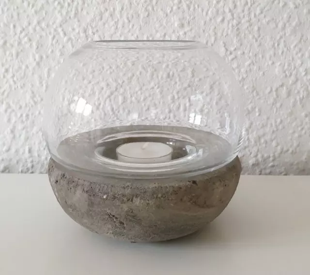 Design Lichtglas Teelicht Windlicht Kugel 2-teilig Glas + Keramik/Ton Steinoptik