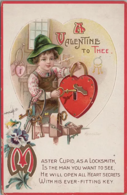 Postcard Valentine Signed Aleinmuller Master Cupid Locksmith 1915 Series 1620