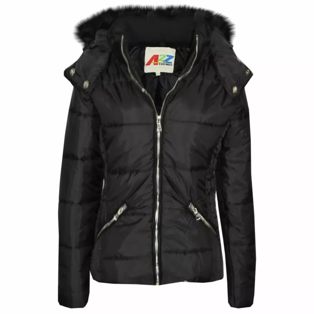 Kids Quilted Black Puffer Coat Faux Fur Collar Hood Jacket New Fashion Girls