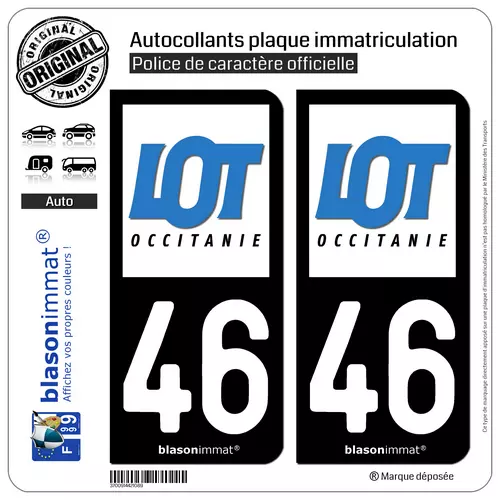 2 Stickers autocollant plaque immatriculation : 46 Lot - Département 2