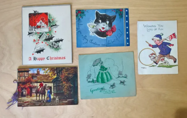 Vintage used greeting cards Christmas x5 / 1950's - 1970's Used